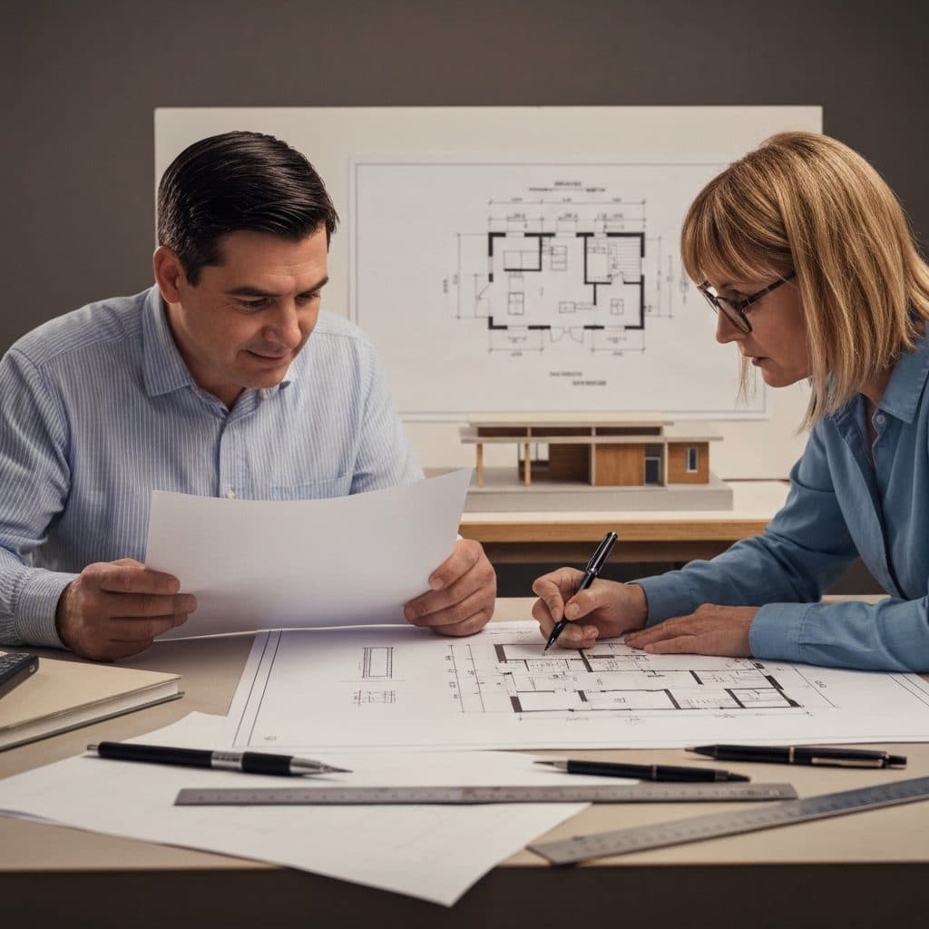 Architectural blueprints and a scale model of a modern home