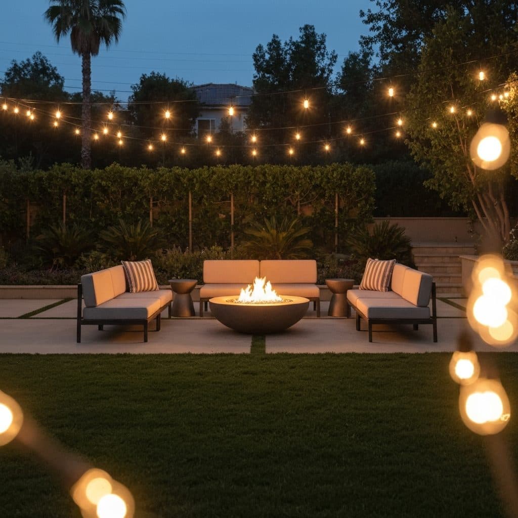 A string-lit pergola over a lounge at dusk, surrounded by greenery